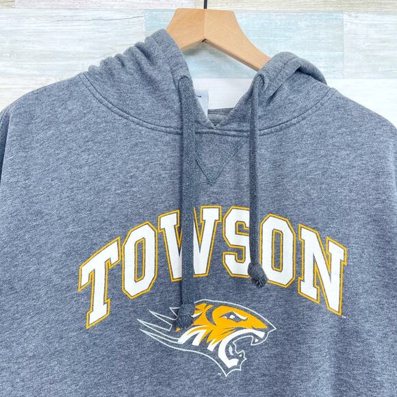 Towson University Vintage 90s Hoodie Sweatshirt Gray Tigers Mens Medium - Picture 2 of 8